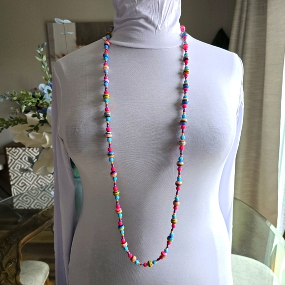 New Handmade Rainbow Colorful Necklace Beaded Hippie Pink blue Yellow 48" - Picture 1 of 6